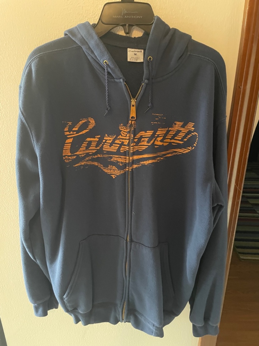 Carhartt Men’s Navy Zip-Up Hoodie with Orange Script Logo